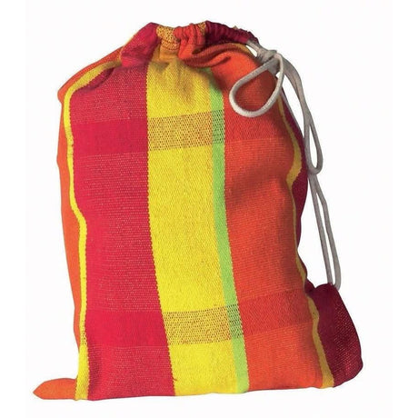 Red and yellow striped drawstring bag on a white background