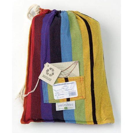 Colourful striped towel in a drawstring bag with a tag on a white background