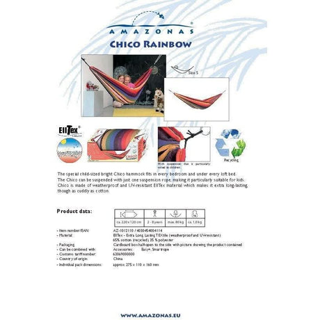 Amazonas Chico Rainbow hammock advertisement with product images and specifications.