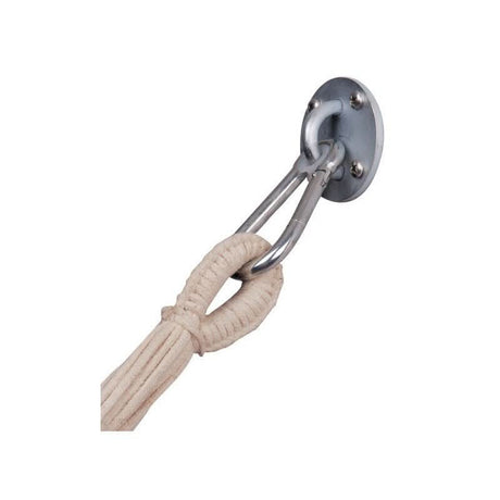 Metal hook with beige rope on a white background