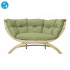 Green cushioned chair with wooden frame on a white background