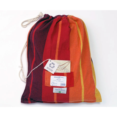 Striped drawstring bag with labels on a white background