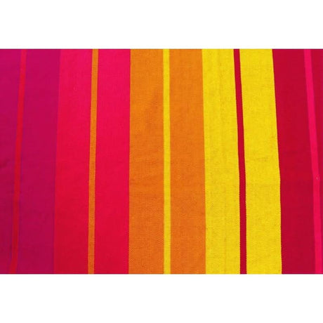 Striped fabric with pink, orange, and yellow horizontal stripes on a white background