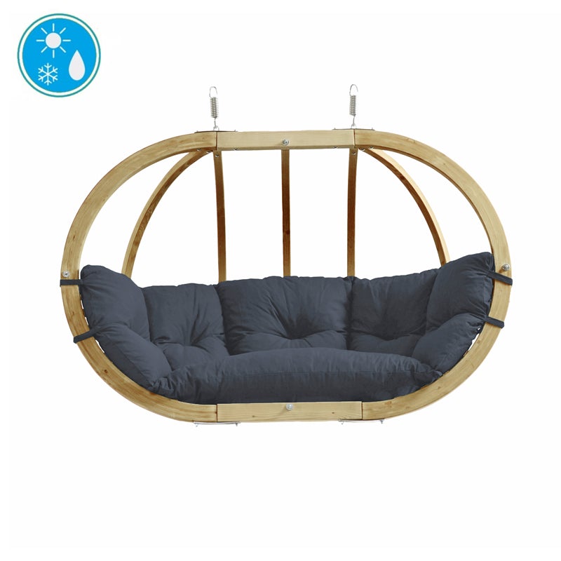 Amazonas Spruce wood oval shaped Globo hanging chair, metal fixing points, with anthracite coloured seat pillows