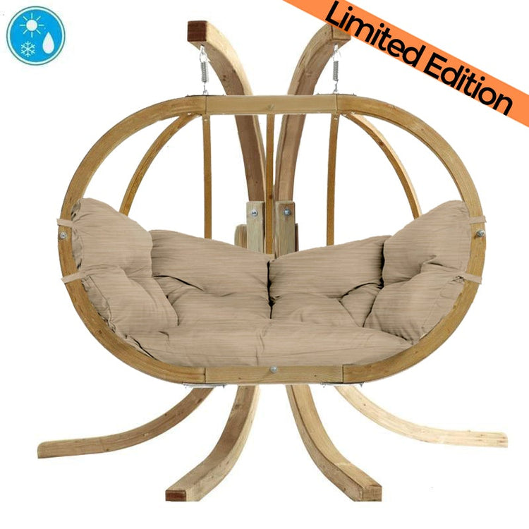 Spruce wood oval shaped hanging chair, metal fixing points, with sand coloured seat pillows