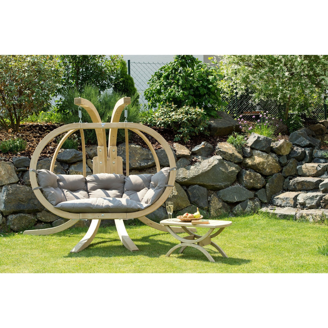 Spruce wood oval shaped hanging chair, metal fixing points, with taupe coloured seat pillows