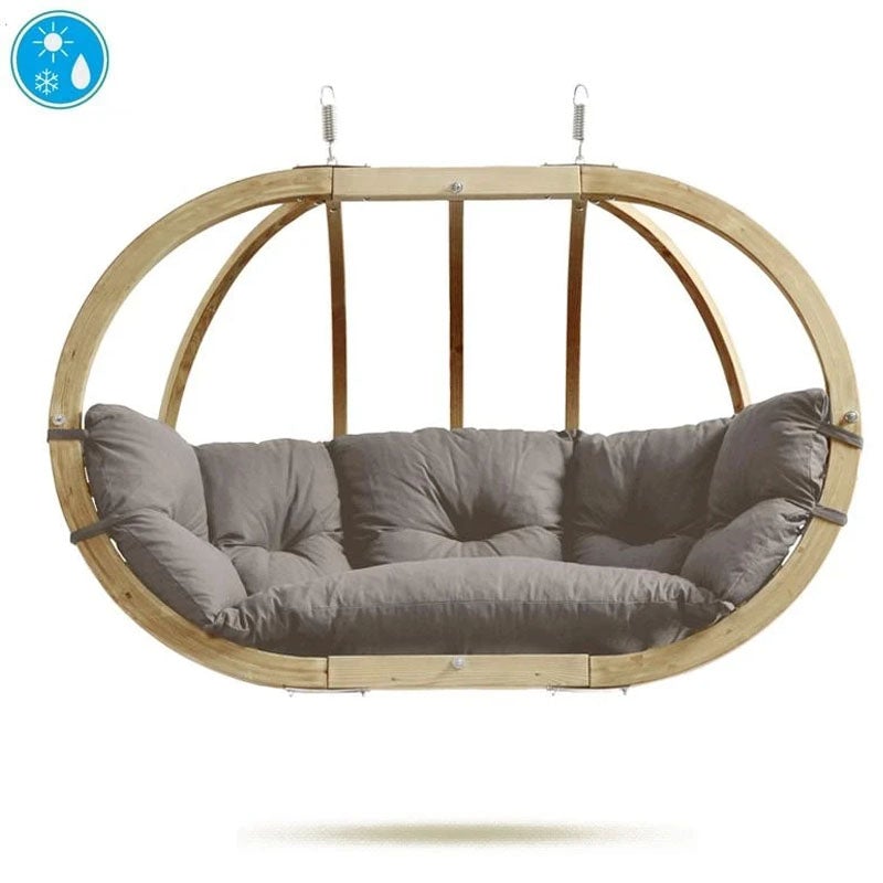 Amazonas spruce wood oval shaped Globo hanging chair, metal fixing points, with taupe coloured seat pillows