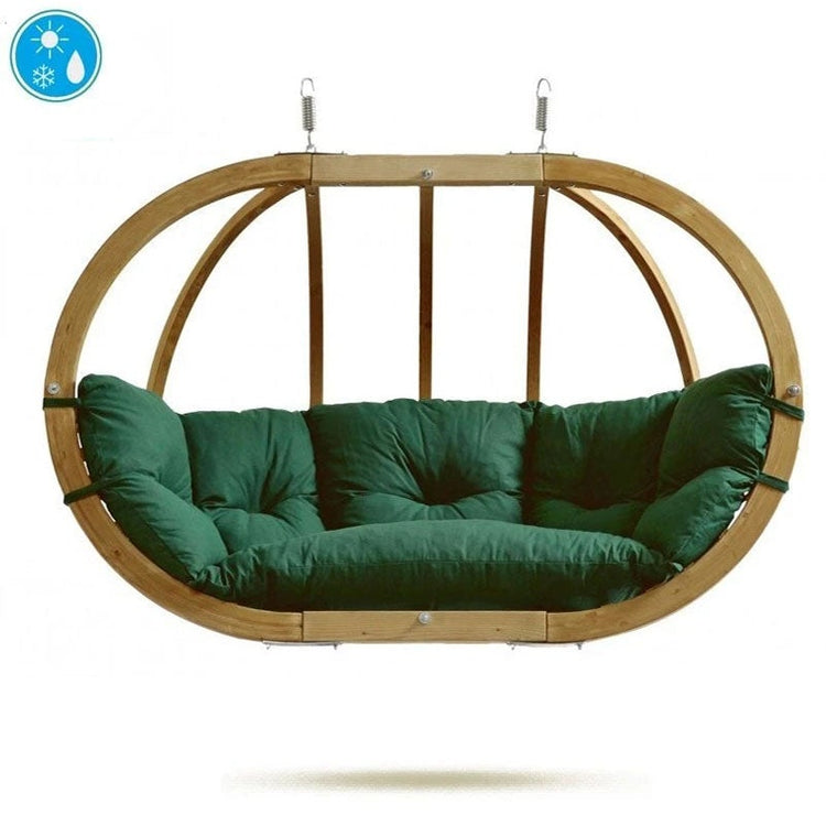 Amazonas spruce wood oval shaped Globo hanging chair, metal fixing points, with verde green seat pillows