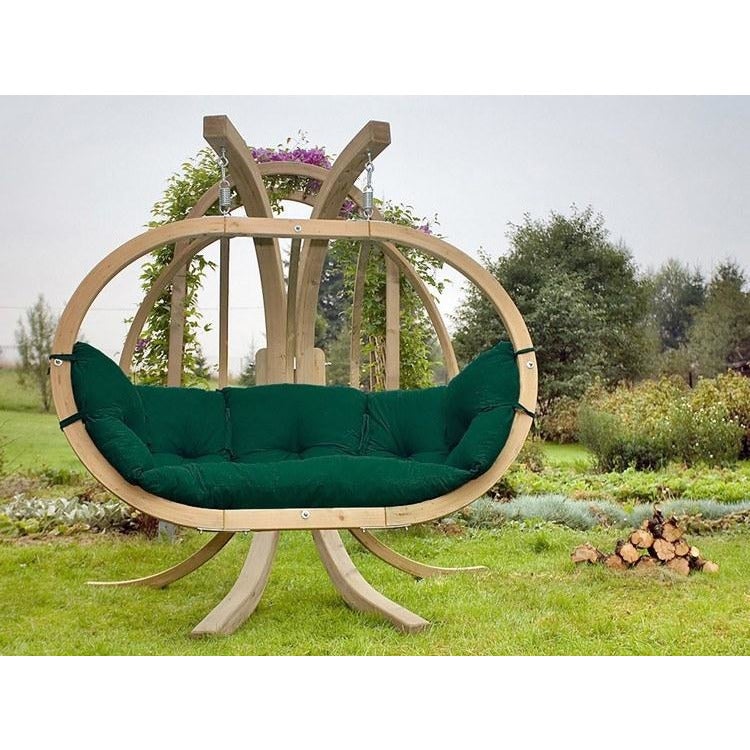 Spruce wood oval shaped hanging chair, metal fixing points, with verde green seat pillows
