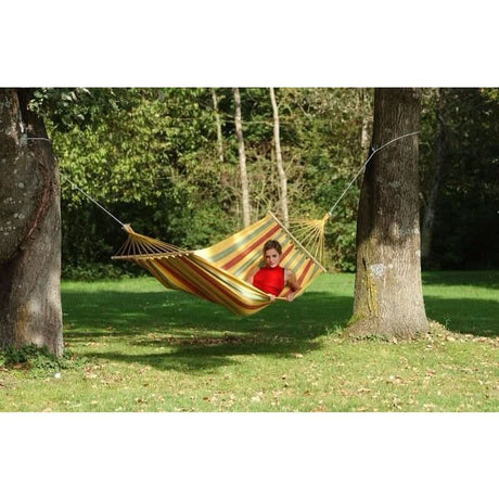 A person sitting in a striped hammock between two trees in a park.