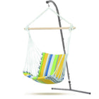 Colourful striped hammock chair with stand on a white background