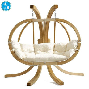 Wooden hanging chair with white cushion on a white background