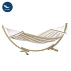 Beige hammock with wooden stand on a white background, featuring the 'Double' brand logo.