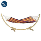 Colourful striped hammock on a wooden arc stand with 'Double' branding.