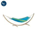 Blue and green striped hammock on a wooden stand with 'SINGLE' label.