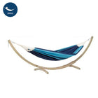 Blue and white hammock on a wooden stand with 'SINGLE' label.