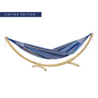 Blue striped hammock on a wooden stand with 'Limited Edition' label.