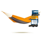 Orange and grey hammock with a MicroRope package on a white background