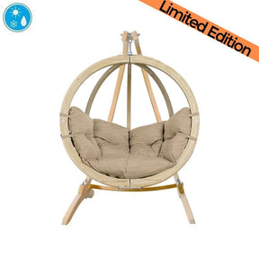 Hanging chair with beige cushions on a white background, featuring a 'Limited Edition' label.