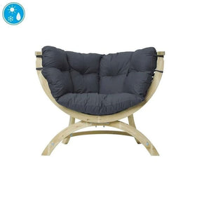 Chair with dark grey cushion and wooden frame on a white background