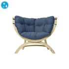 Blue cushioned chair with wooden frame on a white background