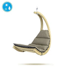 Hanging chair with beige frame and grey cushion on a white background
