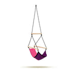 Colourful hammock chair with pink and purple seat on a white background