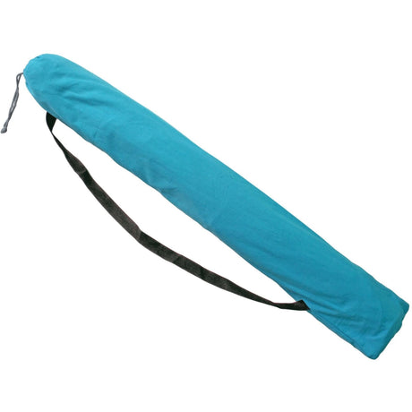 Blue rolled-up mat with a black strap on a white background