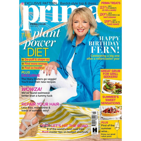Magazine cover featuring a woman in a blue shirt with text about a 'plant power diet' and a birthday celebration.