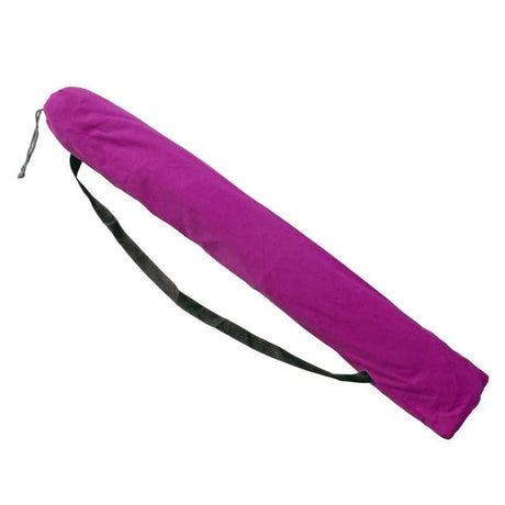 Purple rolled-up mat with a black strap on a white background