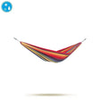 Colourful hammock on a white background with a water droplet icon indicating waterproof feature.