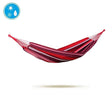 Red hammock on a white background with a blue icon featuring a sun and water droplet.
