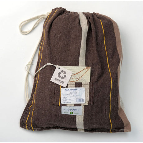 Brown drawstring bag with a label on a white background
