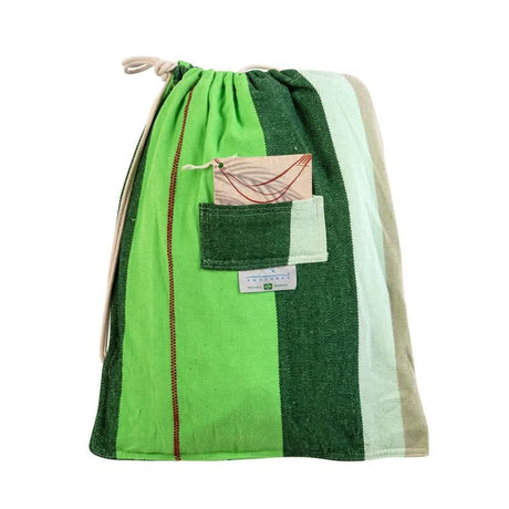 Green drawstring bag with a pocket on a white background