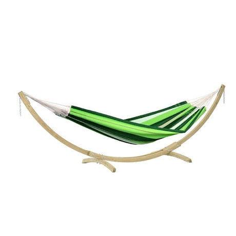 Green hammock with wooden stand on a white background