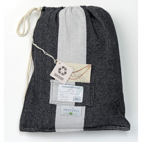 Black and grey drawstring bag with recycling labels on a white background