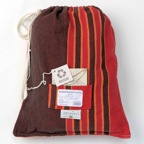 Red and brown striped drawstring bag with tags on a white background