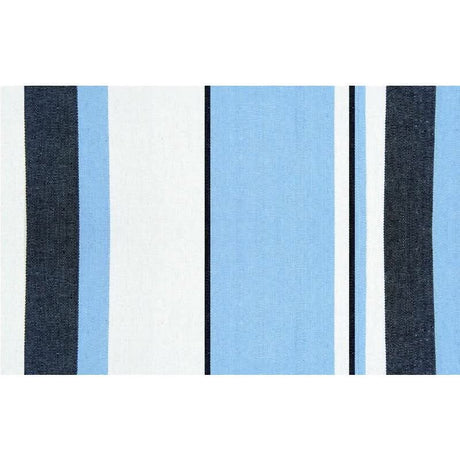 Striped fabric with blue, black, and white stripes on a white background