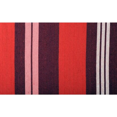 Striped fabric with red, purple, and white horizontal stripes on a white background