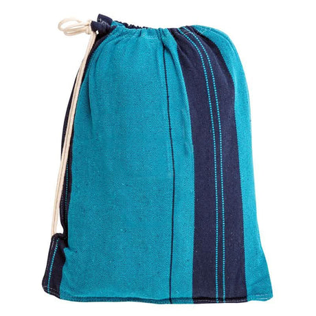 Blue drawstring bag with a navy stripe on a white background