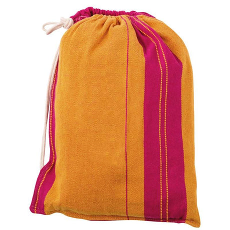 Drawstring bag with yellow and pink stripes on a white background