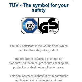 TöV and GS logos with text about product safety certification on a white background