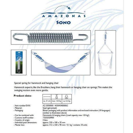 Amazonas Sono hammock spring packaging with product details on a white background