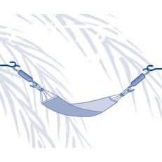 Hammock hanging between two trees with a white background