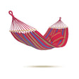 Colourful striped hammock on a white background with a water droplet icon.