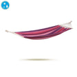 Pink and purple striped hammock on a white background with a water droplet icon.