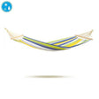 Colourful striped hammock on a white background with a water droplet icon.