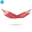 Colourful striped hammock on a white background with a water droplet icon.