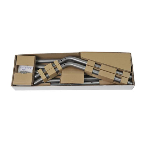 Metal exhaust pipes in a cardboard box on a white background