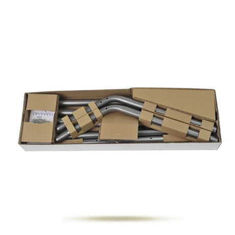 Metal exhaust pipes in a cardboard box on a white background